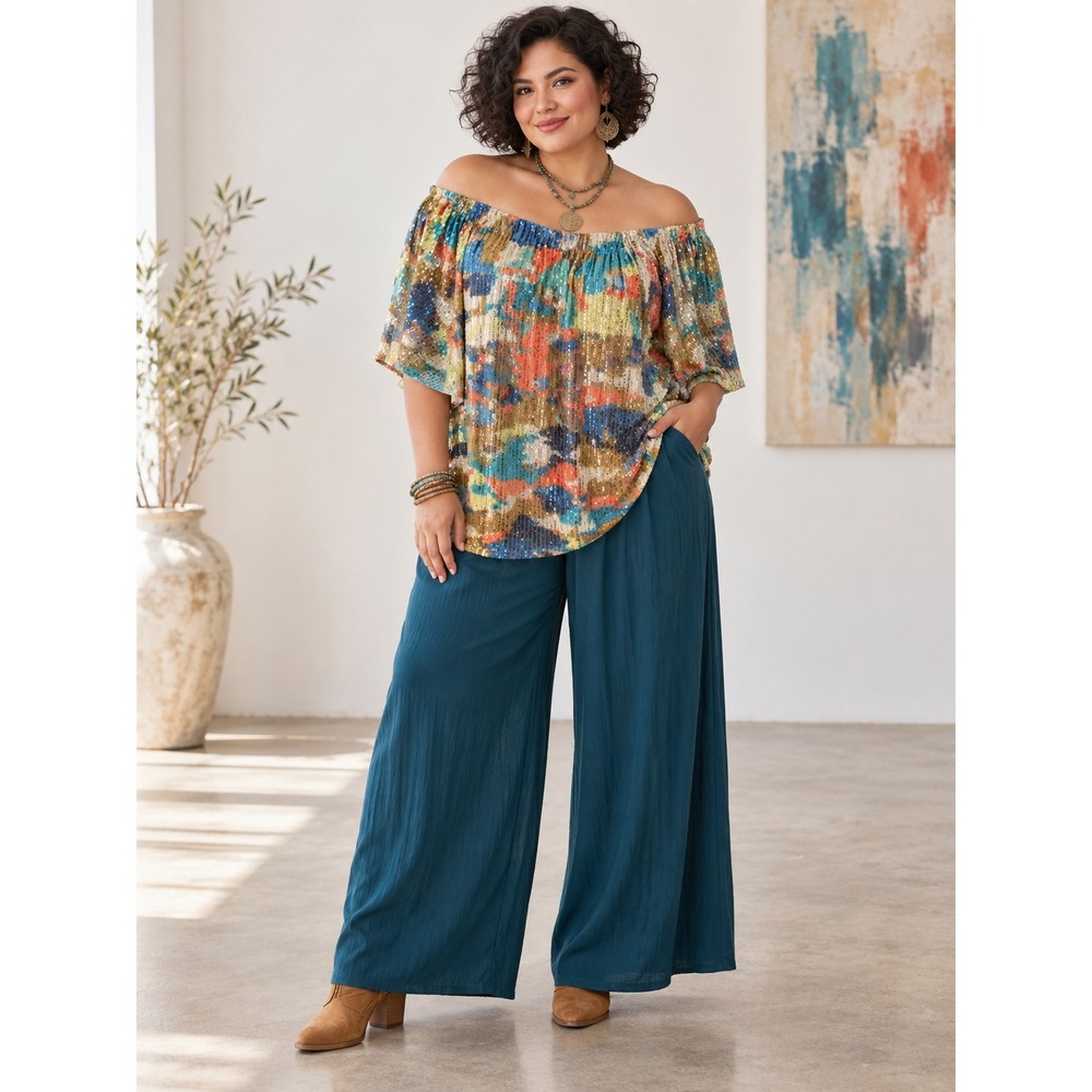 Boho Glam Maximalism Artsy Party Soft Sequins Off Shoulder Multicolor 18/20 Top